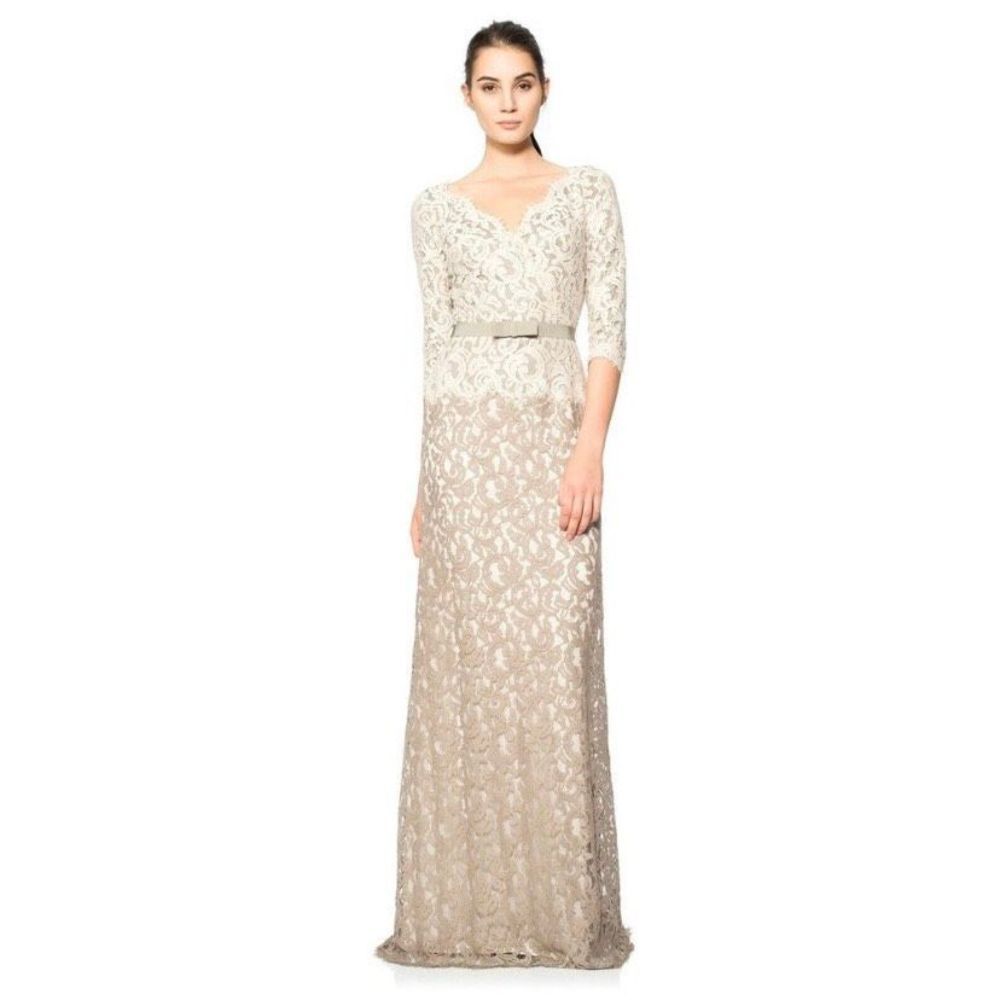 Elegant Lace Evening Gown in Ivory and Champagne